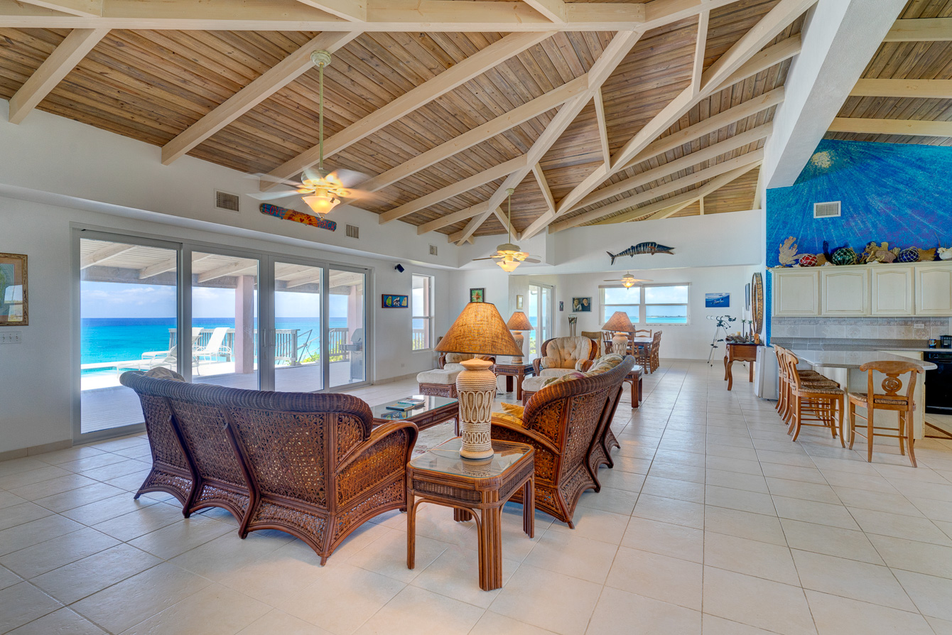 The livingroom at The Family Beach House on San Salvador