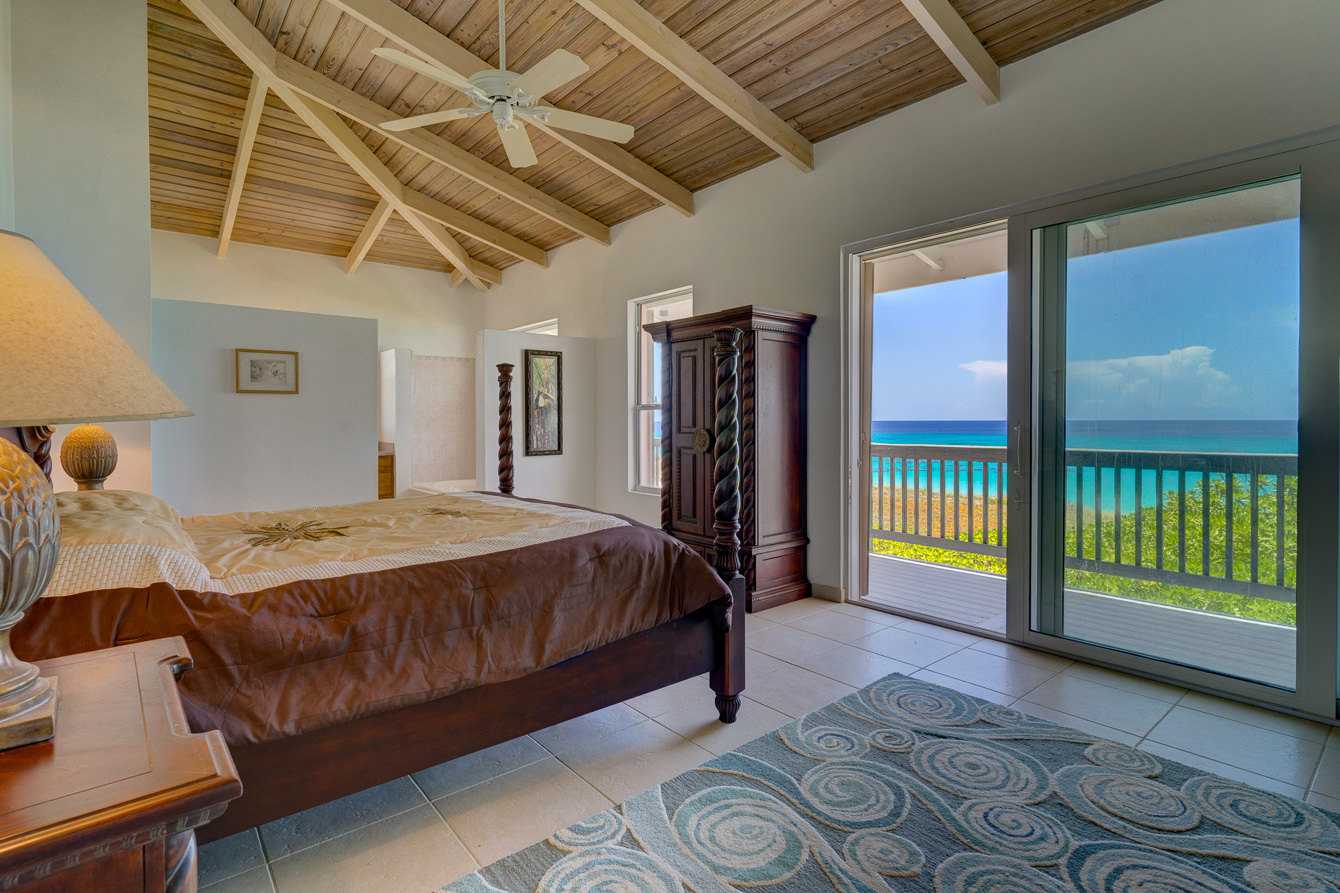 The master bedroom at the Family Beach House on San Salvador